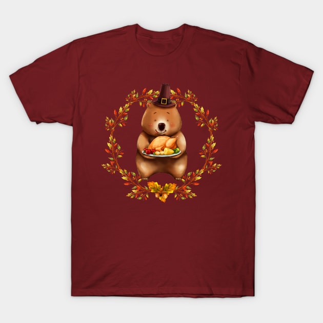 Thanksgiving Bear With Turkey Dinner T-Shirt by TNMGRAPHICS